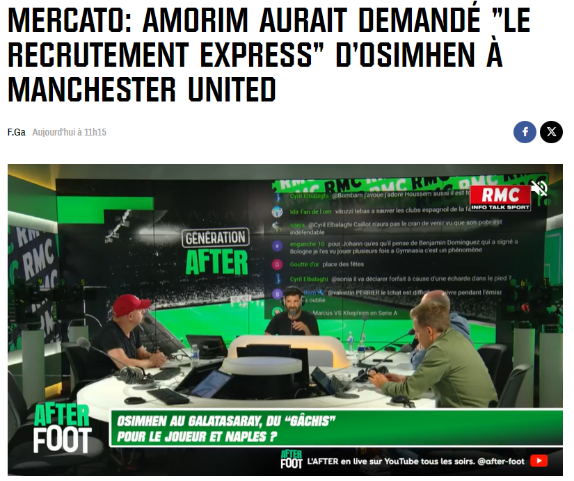 土媒:阿莫林入主曼联后欲签奥斯梅恩,或将齐尔克泽加入交易