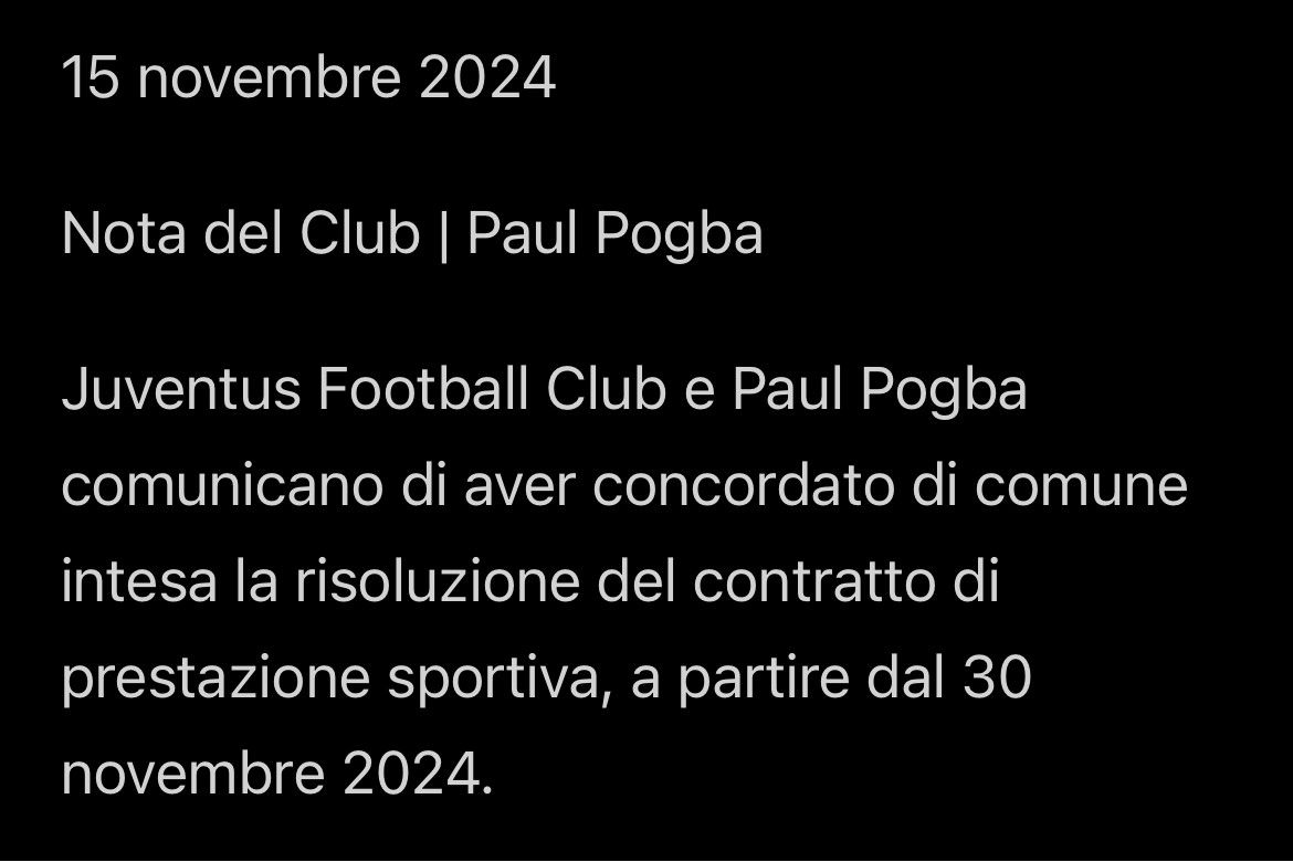 🚨尤文图斯官方：经双方协商同意 与博格巴正式解约